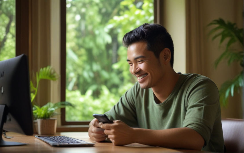 An Indonesian man smiles at his smartphone screen, framed by greenery outside.