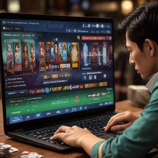 A player intensely focuses on their laptop screen, showcasing Kang Sule’s online gambling platform in action.