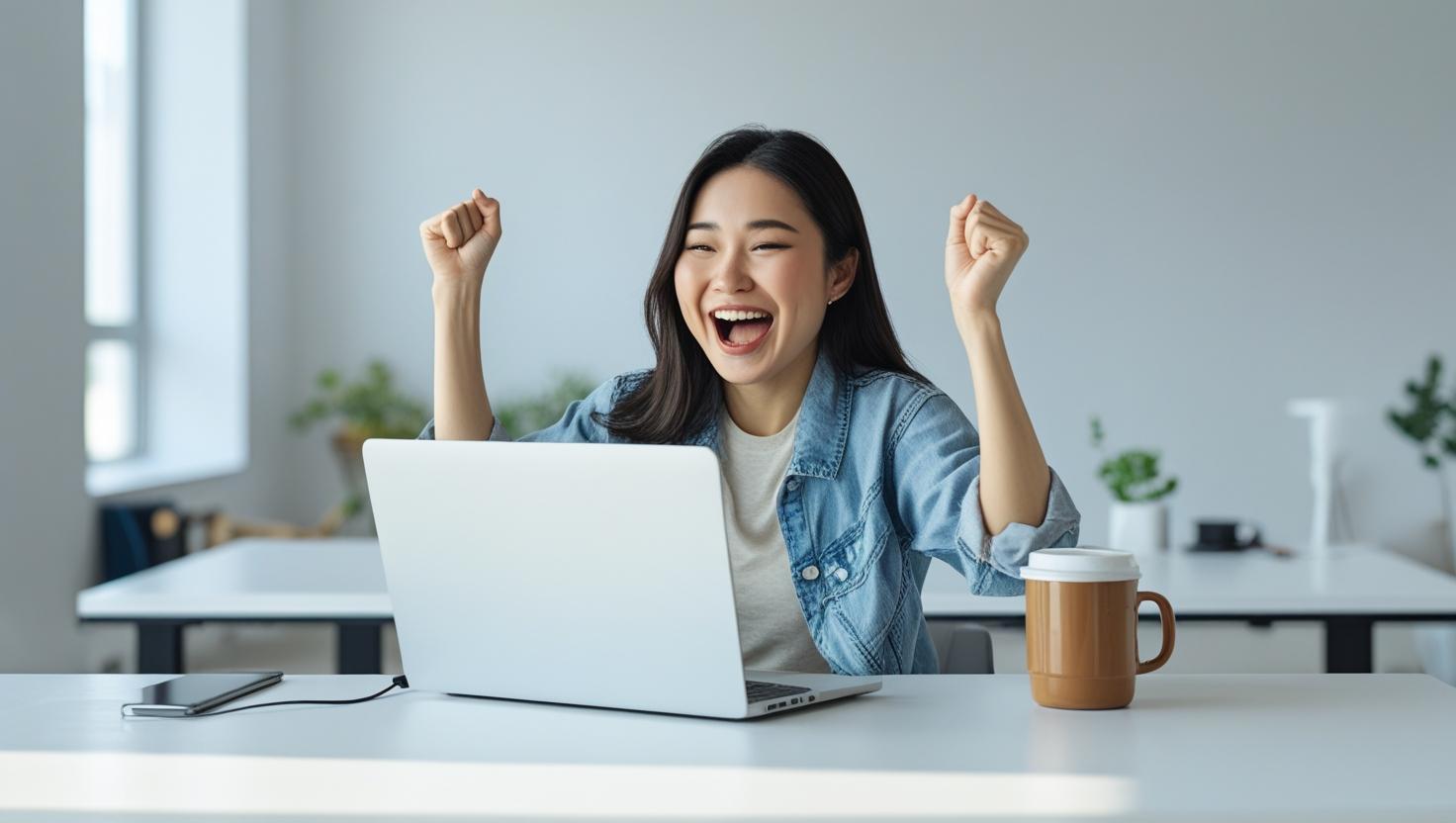 A woman celebrating an online slot win while using laptop in bright workspace.