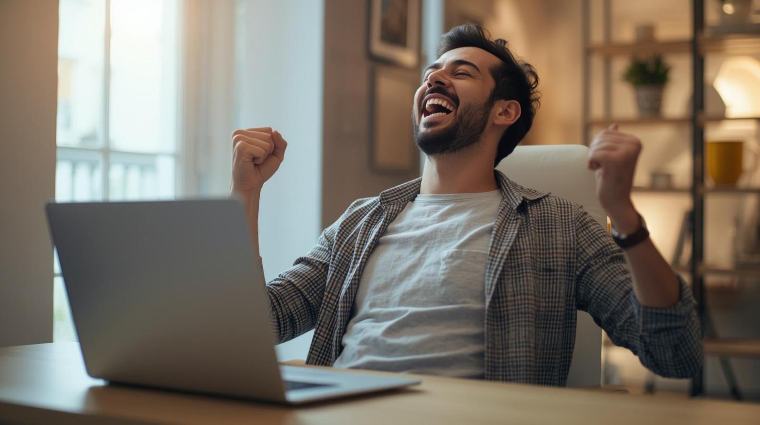 Happy man celebrating online casino win using laptop in bright cozy room.