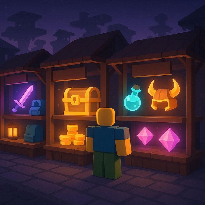 Roblox-style marketplace with glowing virtual items